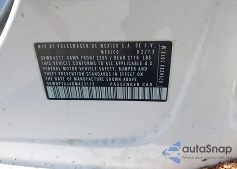 2013 Volkswagen Jetta 2.5L Se z USA, uszkodzony, nr VIN 3VWDP7AJ4DM423113